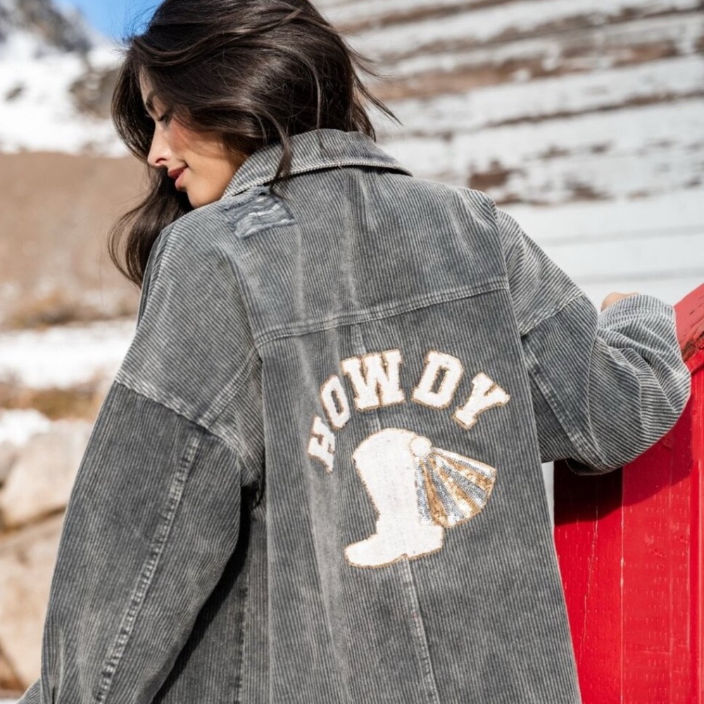Altar’s Stare oversized corduroy “howdy” cowgirl shacket